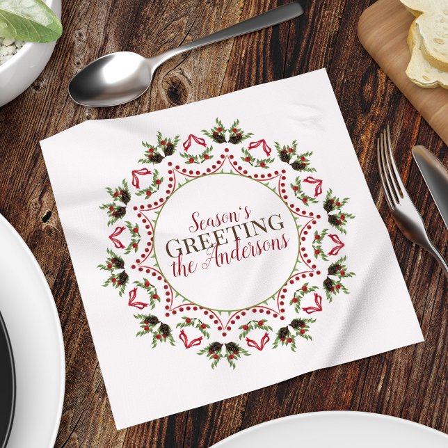Servilleta De Papel Berries Pinecone Holiday Mandala Navidades Persona (Season's Greeting holiday red and green pinecones wreath mandala napkin)