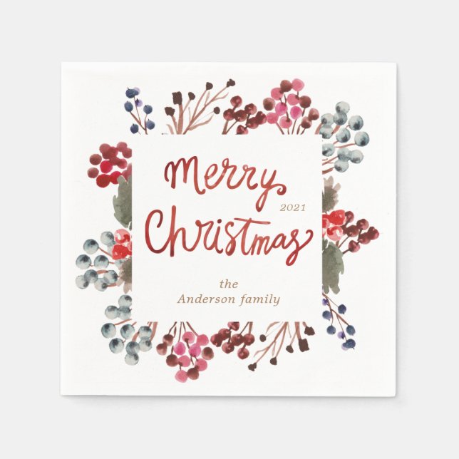 Servilleta De Papel berries rojas de invierno Feliz Navidad (Anverso)