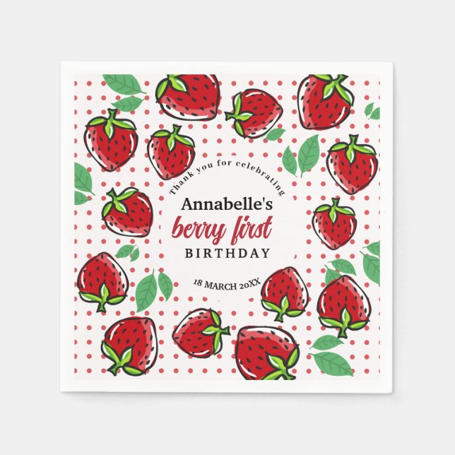 Servilleta De Papel Berry de fresa dulce primer cumpleaños (Anverso)