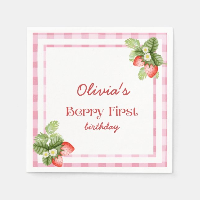 Servilleta De Papel Berry de fresa roja primer cumpleaños gracias (Anverso)