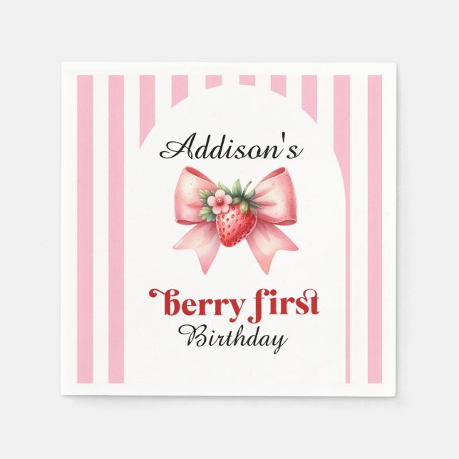Servilleta De Papel Berry First Birday Party Strawberry Coquette (Anverso)