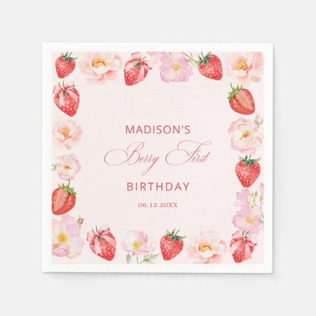 Servilleta De Papel Berry First Birthday Strawberry Bow  (Anverso)