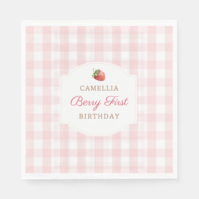 Servilleta De Papel Berry First Strawberry Pink Gingham Birthday Party (Anverso)