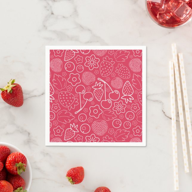 Servilleta De Papel Berry Strawberry Cherry White Hand drawn Modern. (In situ)