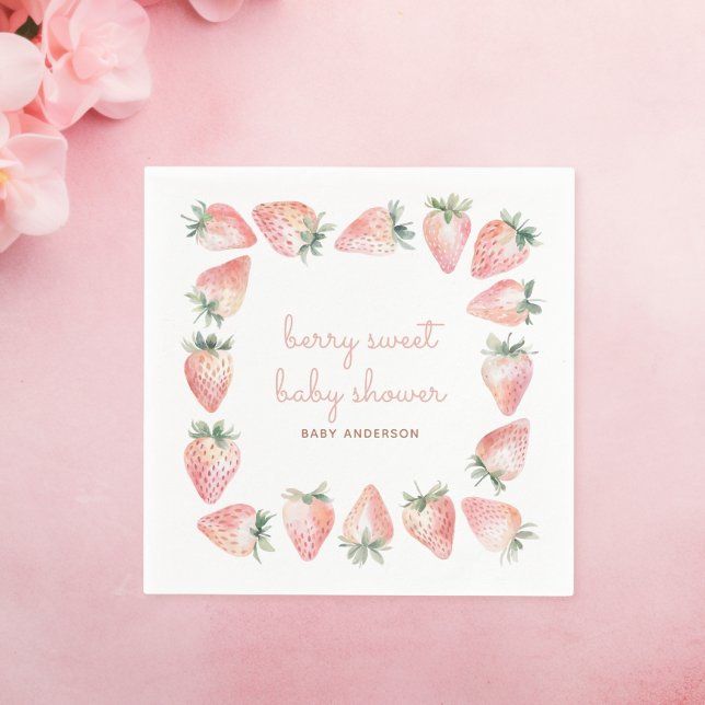Servilleta De Papel Berry Sweet Baby Shower Pink Coquette Strawberry (watercolor strawberry pink coquette berry sweet baby shower napkin design)