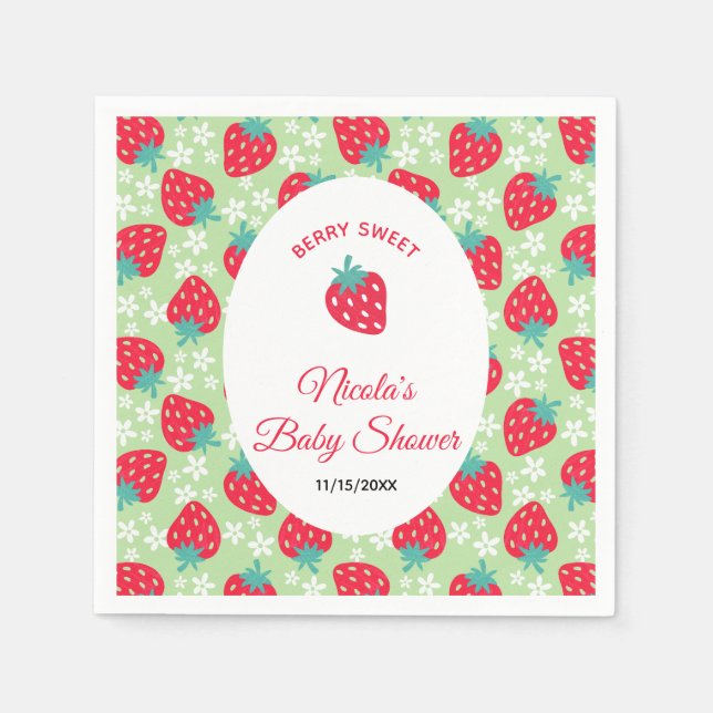 Servilleta De Papel Berry Sweet Green Strawberry Baby Shower (Anverso)