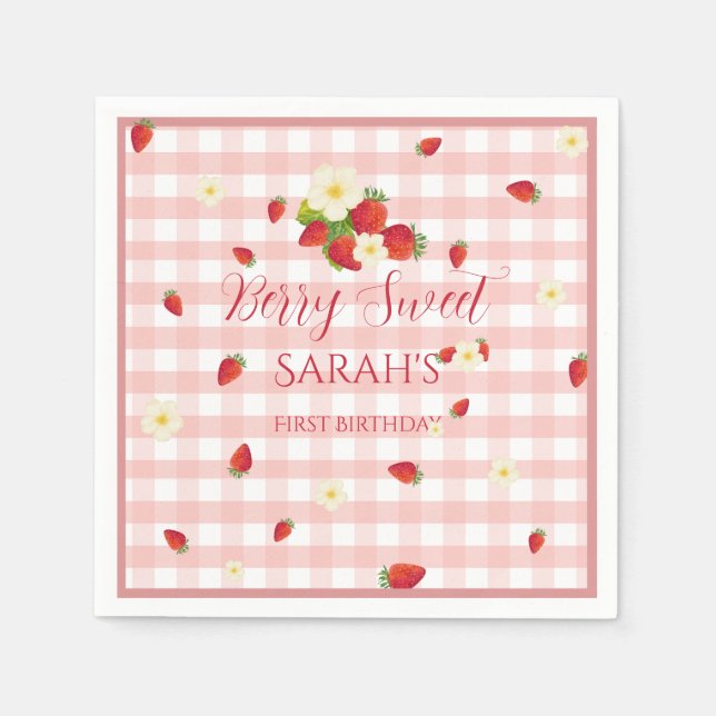 Servilleta De Papel Berry Sweet Strawberry 1st Birthday Party (Anverso)