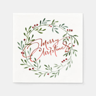 Servilleta De Papel Berry Wreath Gradient Guión rojo Feliz Navidad