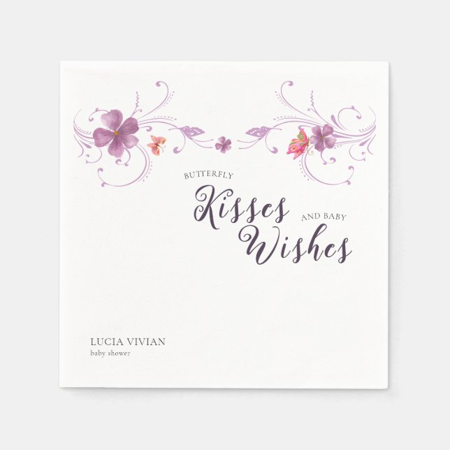 Servilleta De Papel Besos y deseos de bebé de mariposas violetas flora (Anverso)