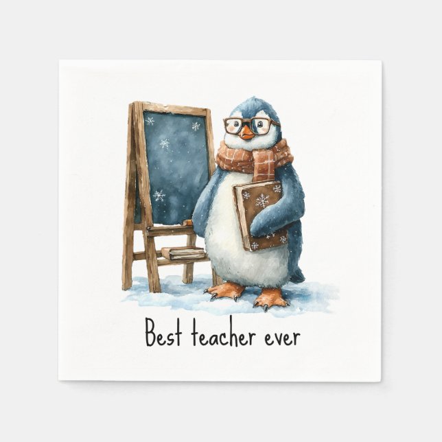 Servilleta De Papel Best Teacher Ever Winter Penguin Design (Anverso)