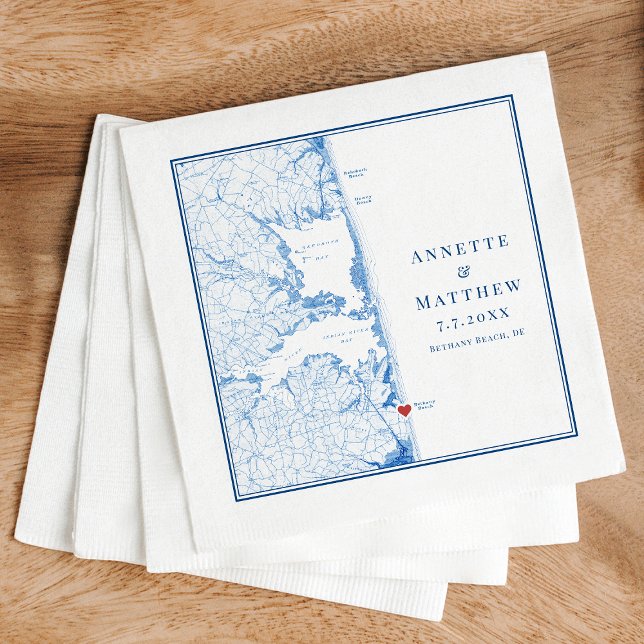 Servilleta De Papel Bethany Beach Delaware Mapa Elegante Boda de la Ma (Bethany Beach Delaware Map Wedding Napkins in elegant navy blue from Coastal Map Designs)