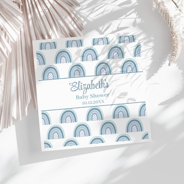 Servilleta De Papel Bho Dusty Blue Rainbow Baby Shower Napkins (Boho Dusty Blue Rainbow Baby Shower Napkins on a sunny white table.)