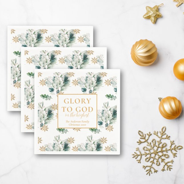 Servilleta De Papel Biblia de invierno contra Navidades religiosos (Religious Christmas Glory to God cocktail napkins with winter greenery)