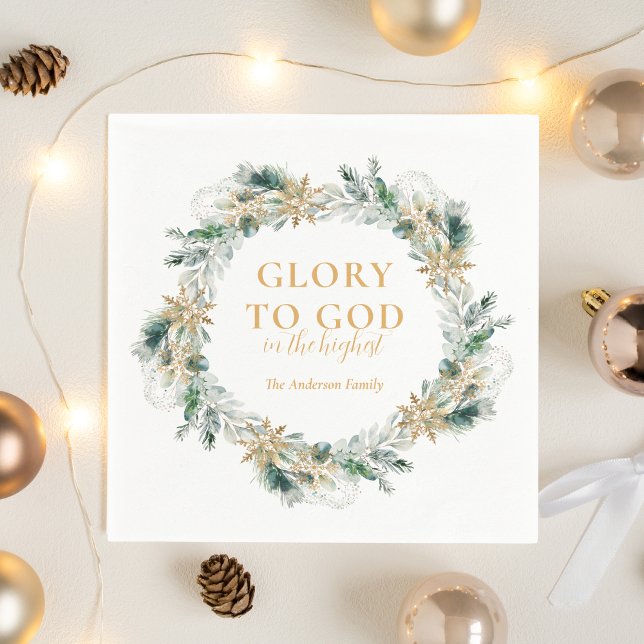Servilleta De Papel Biblia de invierno contra Navidades religiosos (Religious Christmas Glory to God Bible verse napkin with winter greenery)