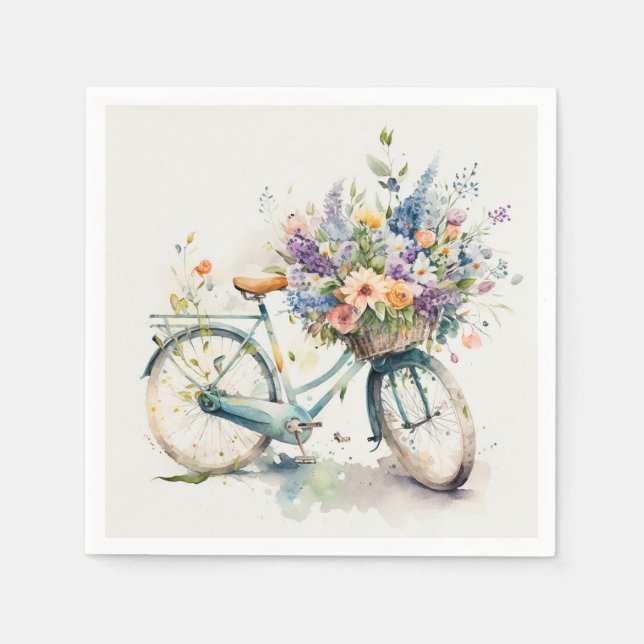 Servilleta De Papel Bicicleta acuarela con cesta de flores (Anverso)