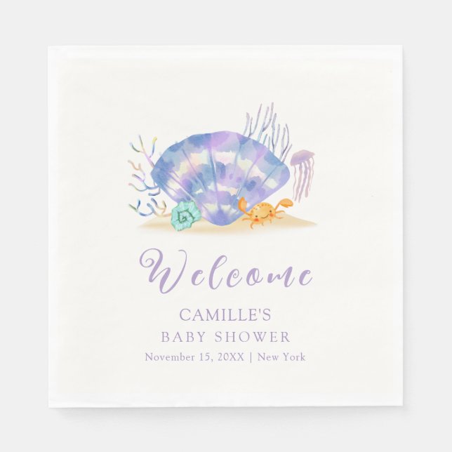 Servilleta De Papel Bienvenida Baby Shower al Chica Purple Summer Sea  (Anverso)