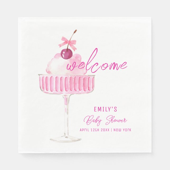 Servilleta De Papel Bienvenida Baby Shower de Pink Cherry Champagne Br (Anverso)