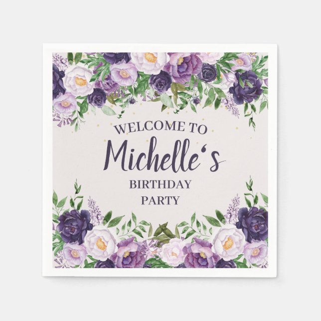 Servilleta De Papel Bienvenida Cumpleaños Mujer Peonías Purpura Floral (Anverso)
