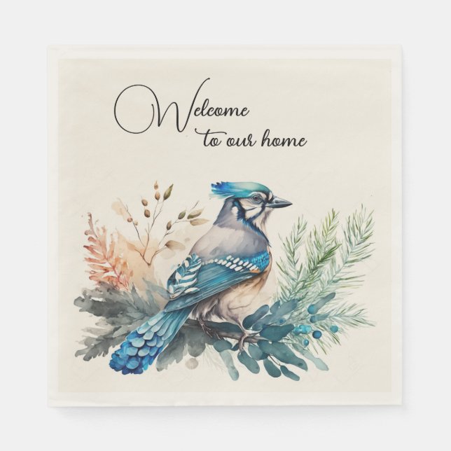 Servilleta De Papel Bienvenida Watercolor Azul Jay Bird (Anverso)