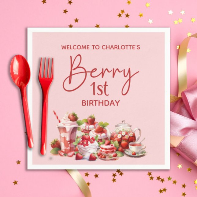 Servilleta De Papel Bienvenido Berry cumpleaños 1 rosa rojo fresa (Berry 1st birthday paper napkins with welcome message and your child's name)