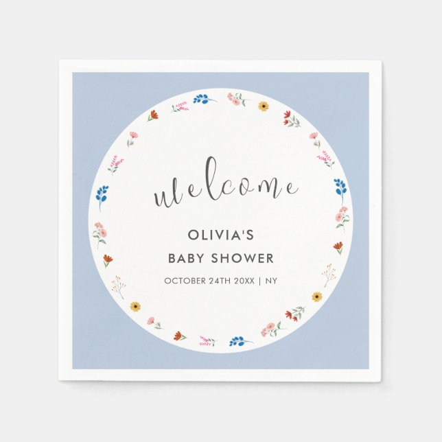 Servilleta De Papel Bienvenidos a Baby Shower Blue Modern Tiny Wildflo (Anverso)