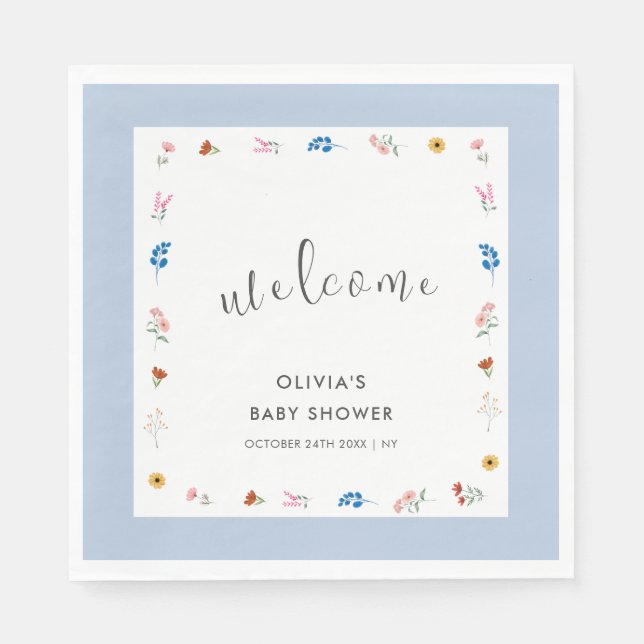 Servilleta De Papel Bienvenidos al Baby Shower Blue Minimal Wildflower (Anverso)