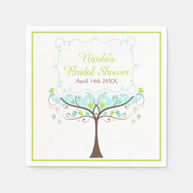 Servilleta De Papel Birds Hearts Tree Blue and Green Bridal Shower (Anverso)