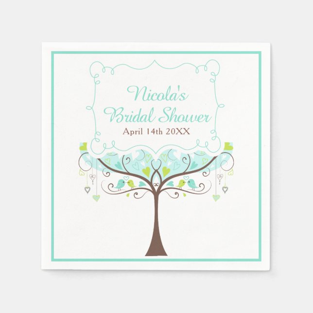Servilleta De Papel Birds Hearts Tree Blue and Green Bridal Shower (Anverso)