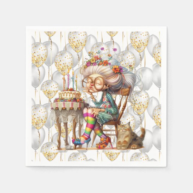 Servilleta De Papel Birthday Granny With Party Balloons (Anverso)