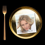 Servilleta De Papel Birthday party woman photo hello 50<br><div class="desc">Template for Your photo and age.  Black text,  block letters overlay: Hello 50!  A napkin for a 50th or any age birthday party.  The napkin is also available with white text.</div>