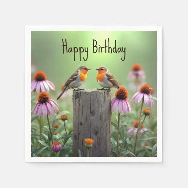 Servilleta De Papel Birthday Songbirds On a Post With Coneflowers (Anverso)