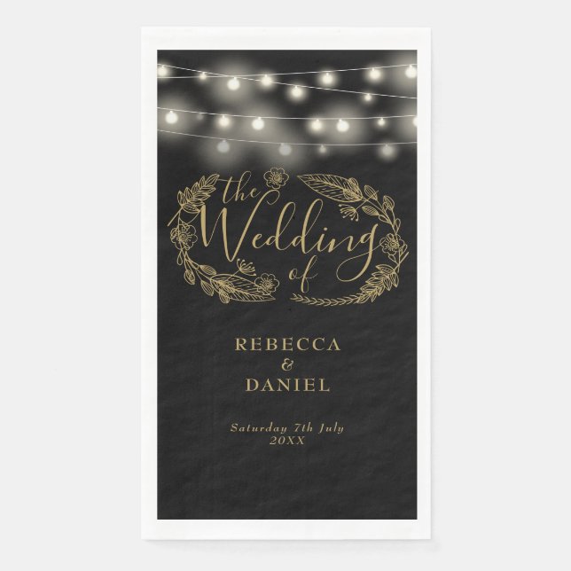 Servilleta De Papel Black And Gold String Lights Floral Boda (Anverso)