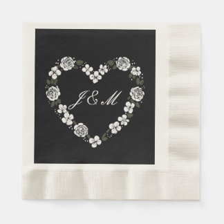 Servilleta De Papel Black and White Floral Heart Wedding Napkins
