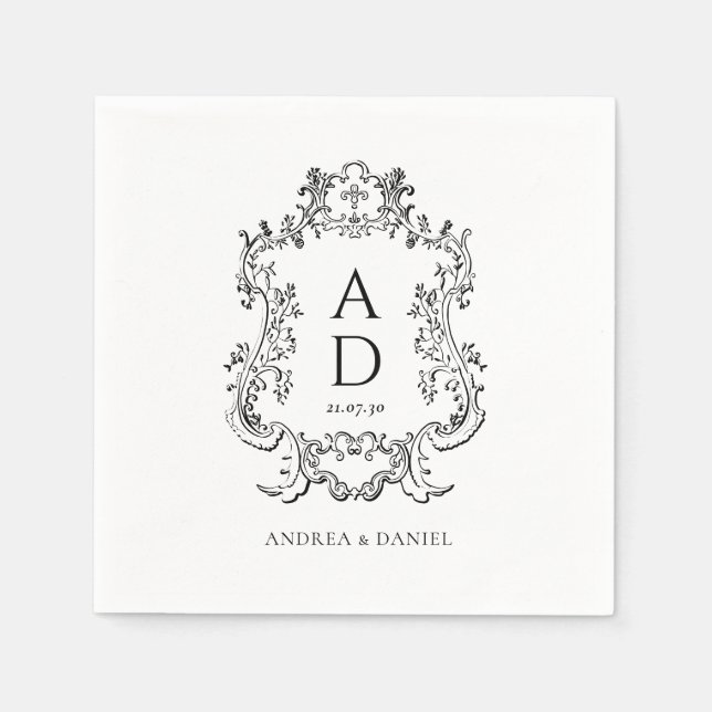 Servilleta De Papel Black and White Floral Wedding Monogram  (Anverso)