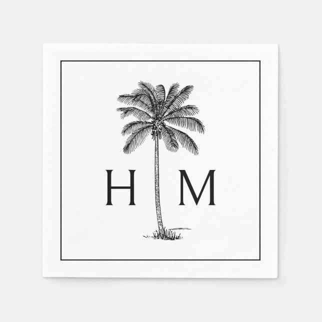 Servilleta De Papel Black and White Palm Palmetto Tree Monogram (Anverso)
