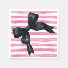 Servilleta De Papel Black Bow with Pink White Stripe Birthday Cocktail