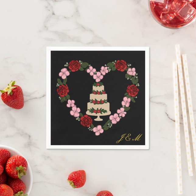 Servilleta De Papel Black cake Topper napkin with a pink and red heart (In situ)