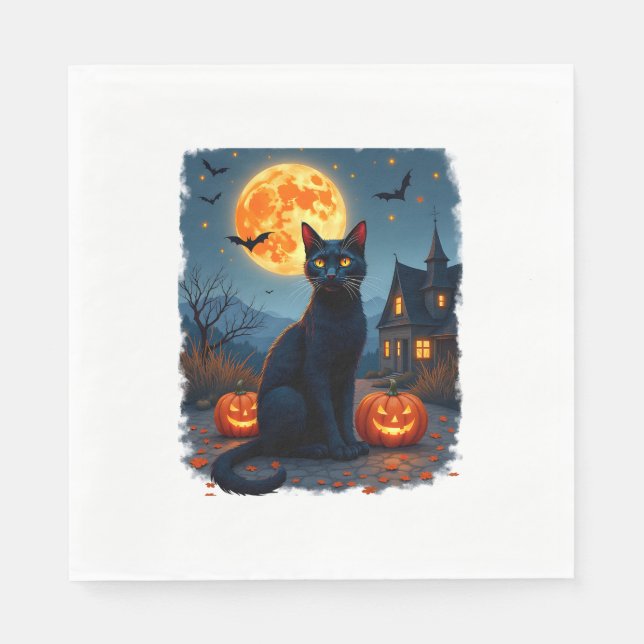 Servilleta De Papel Black Cat Starry Night Van Gogh Pumpkins Bats Hall (Anverso)