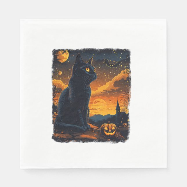 Servilleta De Papel Black Cat Starry Night Van Gogh Pumpkins Bats Hall (Anverso)