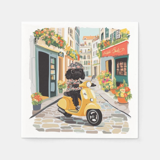Servilleta De Papel Black Doodle Riding Scooter European City Streets (Anverso)