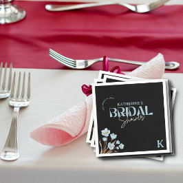 Servilleta De Papel Black Elegant Blue Watercolor Floral Bridal Shower