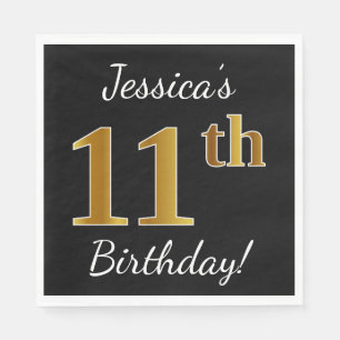 Servilleta De Papel Black, Faux Gold 11th Birthday + Custom Name