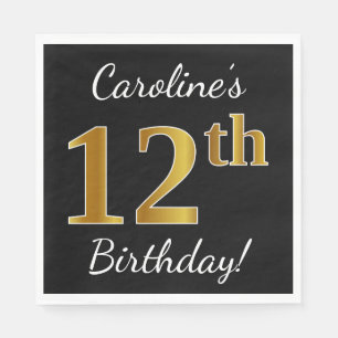 Servilleta De Papel Black, Faux Gold 12th Birthday + Custom Name