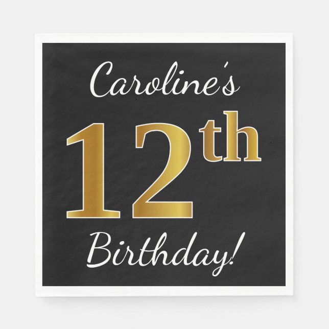 Servilleta De Papel Black, Faux Gold 12th Birthday + Custom Name (Anverso)