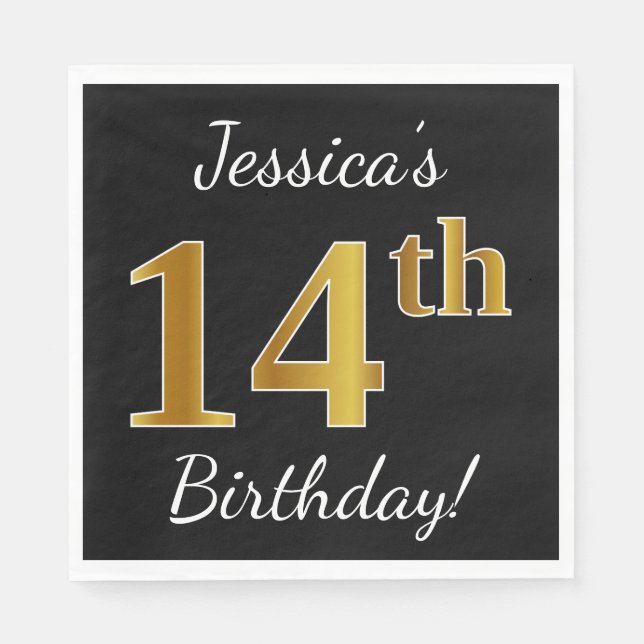 Servilleta De Papel Black, Faux Gold 14th Birthday + Custom Name (Anverso)