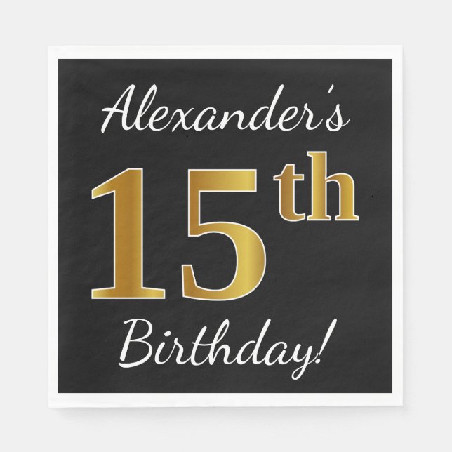 Servilleta De Papel Black, Faux Gold 15th Birthday + Custom Name (Anverso)