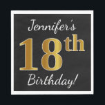 Servilleta De Papel Black, Faux Gold 18th Birthday   Custom Name<br><div class="desc">Este sencillo diseño de servilletas de papel muestra un mensaje como "¡Cumpleaños 18 de Jennifer!", con el "18" en un falso aspecto dorado, en un fondo de color negro. El nombre se puede personalizar. Se podría usar en una fiesta de cumpleaños para alguien que esté celebrando su decimoctavo cumpleaños. [~Z0000079]...</div>