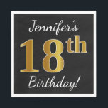Servilleta De Papel Black, Faux Gold 18th Birthday   Custom Name<br><div class="desc">Este sencillo diseño de servilletas de papel muestra un mensaje como "¡Cumpleaños 18 de Jennifer!", con el "18" en un falso aspecto dorado, en un fondo de color negro. El nombre se puede personalizar. Se podría usar en una fiesta de cumpleaños para alguien que esté celebrando su decimoctavo cumpleaños. [~Z0000079]...</div>
