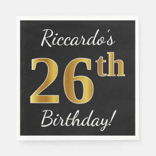 Servilleta De Papel Black, Faux Gold 26th Birthday + Custom Name