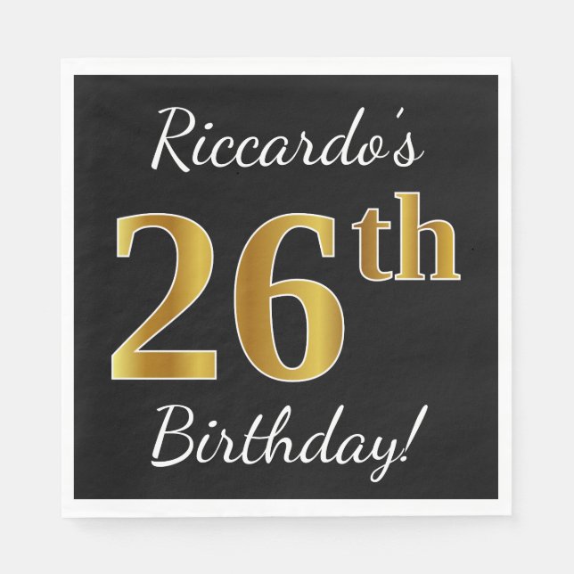 Servilleta De Papel Black, Faux Gold 26th Birthday + Custom Name (Anverso)